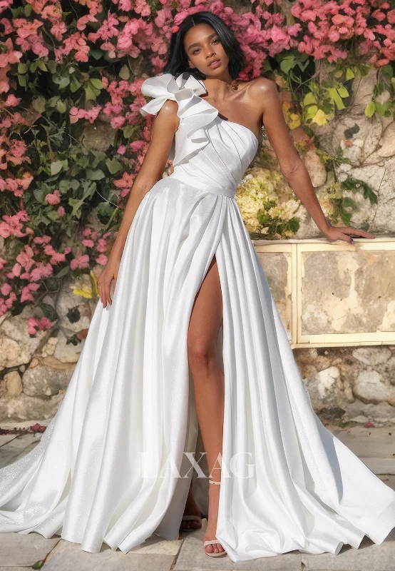 A-Line One Shoulder Pleated Sleek Satin High Slit Wedding Dress with Train Romantic Satin Dress