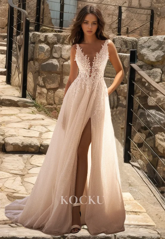 A-Line Spaghetti Straps V-Neck Sleeveless Slit Train Tulle Wedding Dress with Appliques Bridal Gowns Mermaid Style Gown