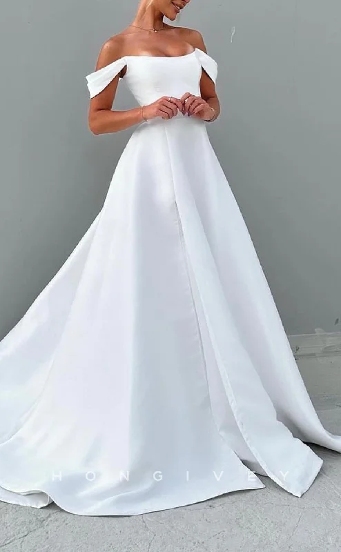 H1758 - Elegant Satin A-Line Bateau Off-Shoulder With Train Wedding Dress Lace Sleeveless Dress