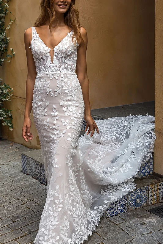 Sexy V-Neck Allover Romantic Lace Mermaid Wedding Dress Bridal Gown QW2593 Satin Wedding Dress