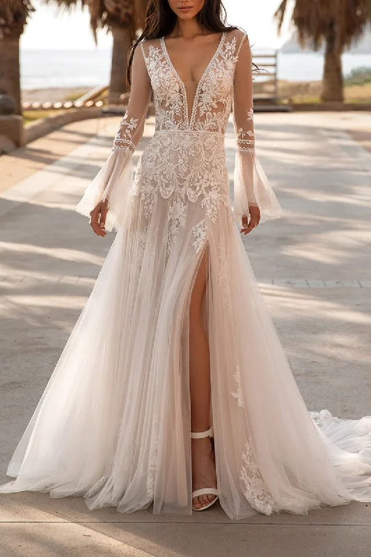 Attractive V Neck Lace Appliques Boho Wedding Dress with Sleeves Bridal Gown QW2604 Simple Wedding Dress