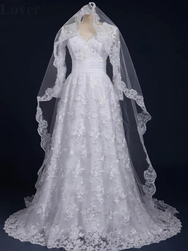 Elegant V-Neck Long Sleeves Covered Button Lace Wedding Dresses Modern Bridal Gown