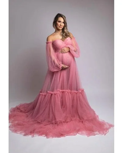 G2051, Dusty Pink Frill Maternity Shoot Trail Gown, Size (All) pp Lace Train Dress