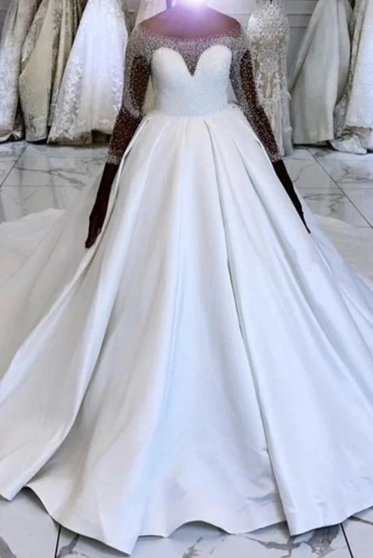 Gorgeous White Long Sleeves Ball Gown Beading Satin Long Wedding Dress Y0162 Sparkle Bridal Dress