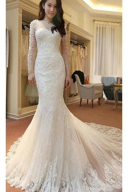 Ivory Long Sleeves Mermaid Lace Appliques Tulle Wedding Dress with Train Beach Wedding Dress N390 Wedding Gown Set