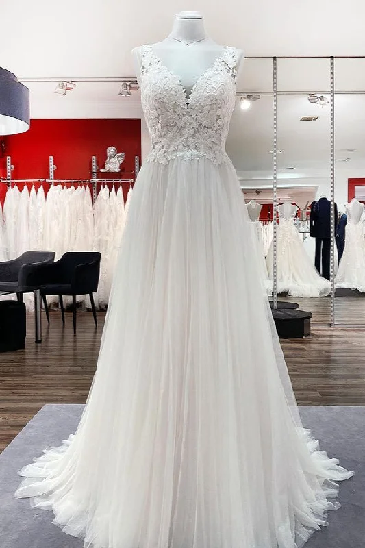 Long A-Line Tulle V-Neck Open Back Wedding Dress with Lace Appliques Ruffle Wedding Gown