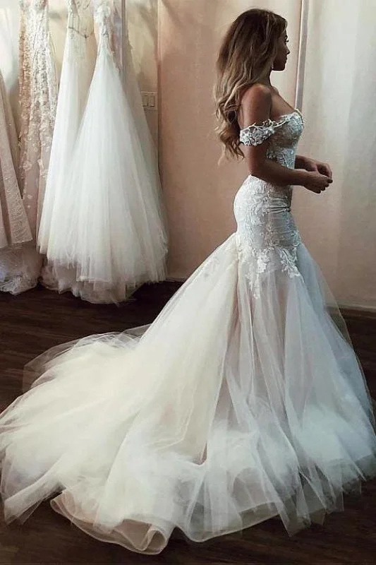 Off the Shoulder Mermaid Lace Long Tulle Wedding Dress Lace Sleeveless Dress