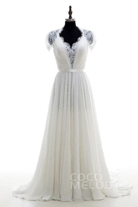 A-Line Sweep-Brush Train Chiffon Wedding Dress LD2676 Soft Satin Bridal