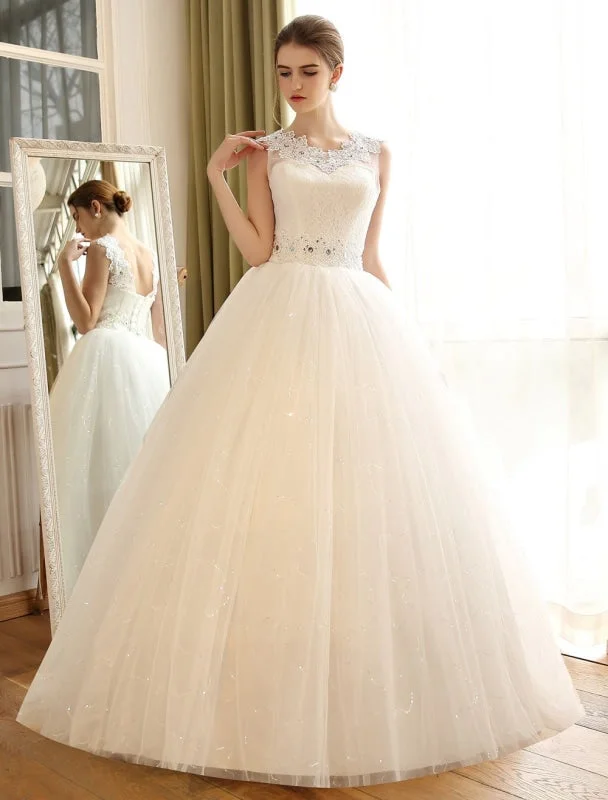 Princess Ball Gown Wedding Dresses Lace Applique Backless Beaded Sash Sequin Floor Length Ivory Bridal Dress Mermaid Lace Gown