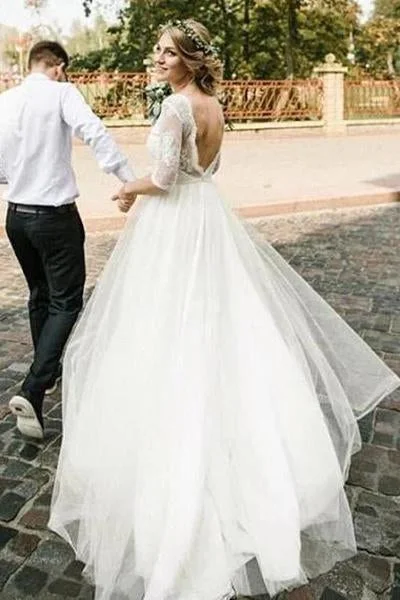 Puffy Half Sleeves Backless Floor Length Long Beach Wedding Dress N2250 Lace Wedding Gown