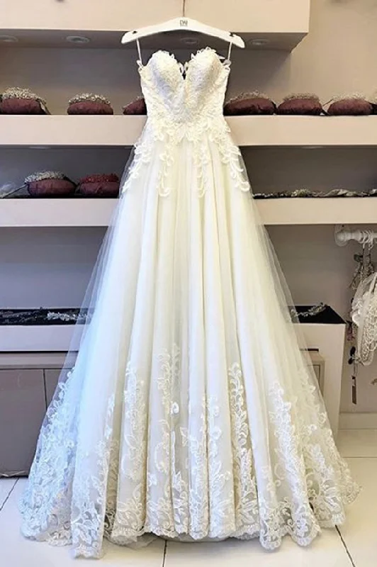 Romantic Sweetheart Spaghetti Straps Lace Wedding Dresses with Appliuqes Full Skirt Wedding