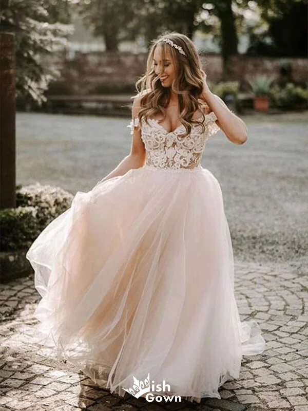 Romantic Tulle Straps V Neck With Train Applique Popular Bridal Long Wedding Dresses, WDH091 Ball Gown Wedding