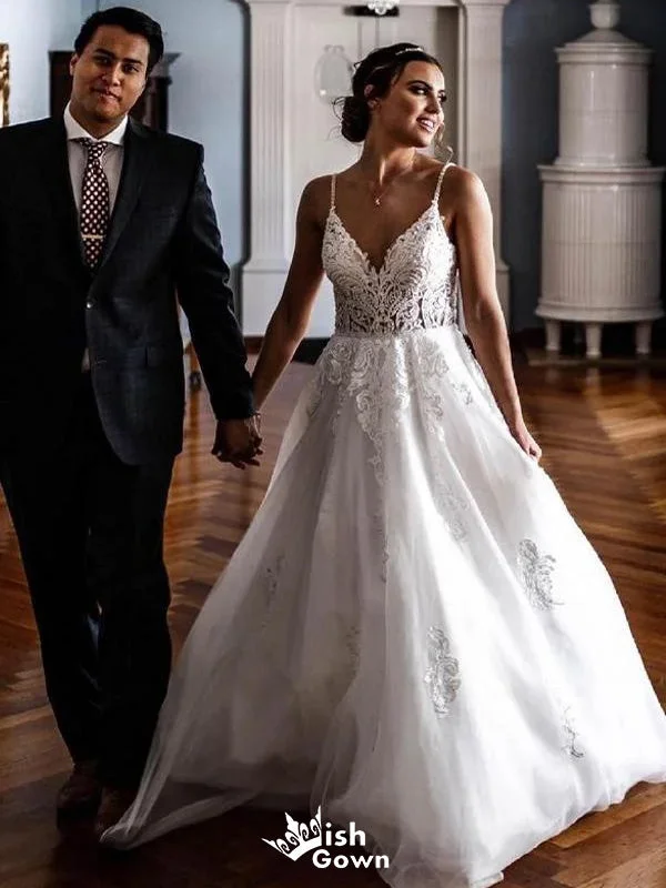 Sexy Lace Spaghetti Straps V Neck Applique Popular Bridal Long Wedding Dresses, WDH092 Lace Wedding Dress