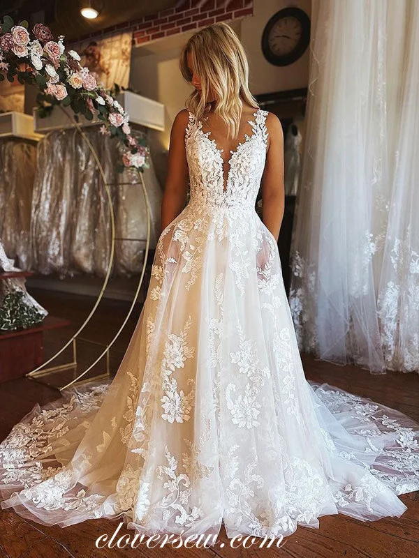 Stunning Lace Applique Sleeveless Backless Country Wedding Dresses, CW0341 Classic Bridal Gown