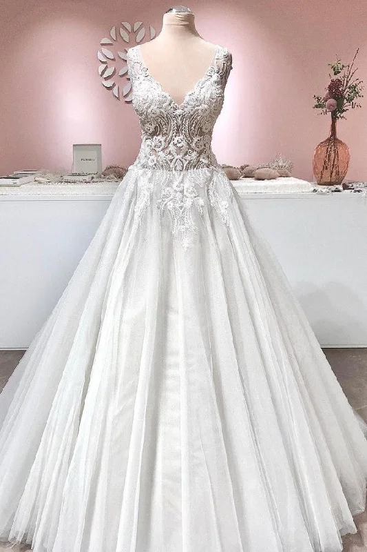 Vintage A-Line Deep V-Neck Backless Ruffle Wedding Dress with Tulle and Lace Appliques Sleeveless Wedding Dress