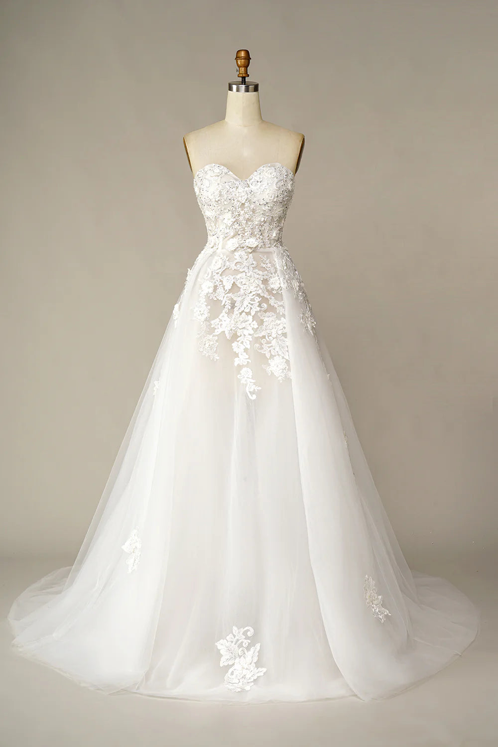 White A Line Strapless Train Dress Wedding Dress with Appliques Sparkle Bridal Dress