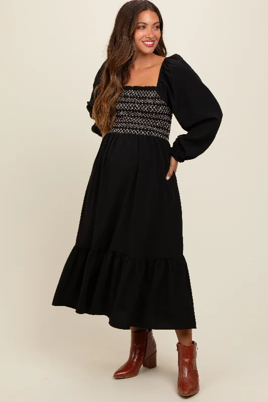 Black Contrast Smocked Balloon Sleeve Maternity Midi Dress Anniversary midi dresses