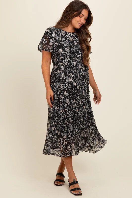 Black Floral Pleated Maternity Midi Dress Fall midi dresses