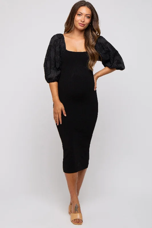 Black Floral Puff Sleeve Maternity Midi Dress Chiffon midi dresses