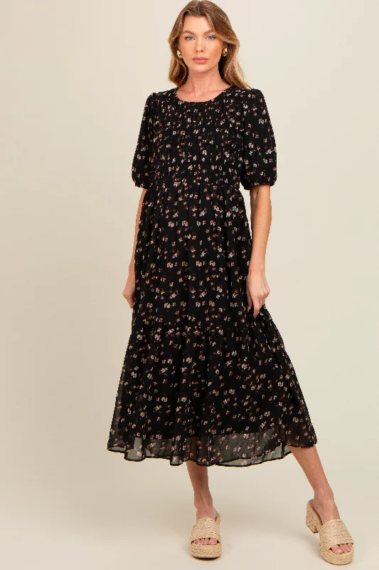 Black Floral Smocked Sash Tie Maternity Midi Dress Discounted midi dresses