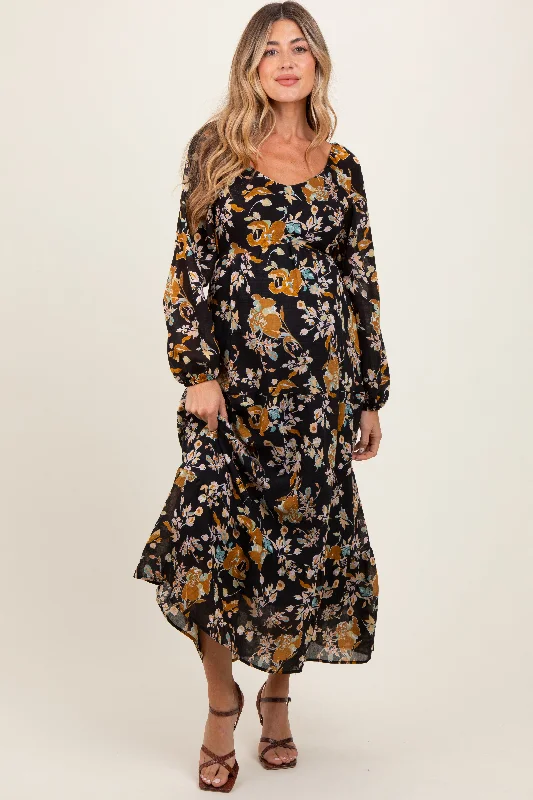 Black Floral V-Neck Long Sleeve Maternity Midi Dress Glamorous midi dresses