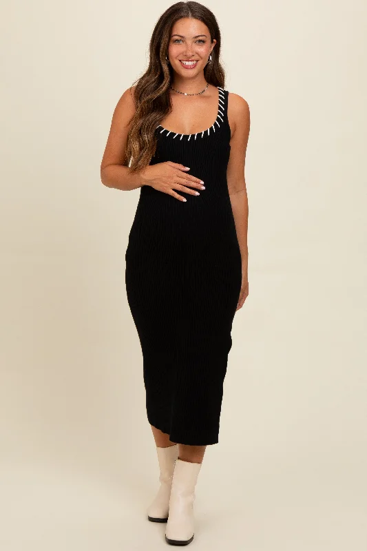 Black Knit Contrast Stitch Detail Maternity Midi Dress Best midi dresses for elegant looks