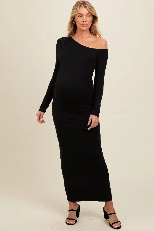 Black One Shoulder Long Sleeve Maternity Midi Dress Red carpet midi dresses