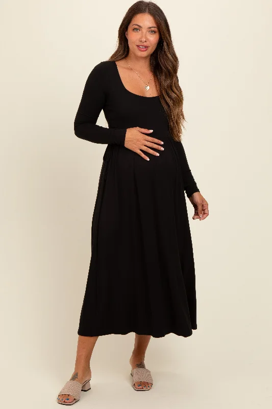 Black Square Neck Long Sleeve Maternity Midi Dress Luxury midi dresses