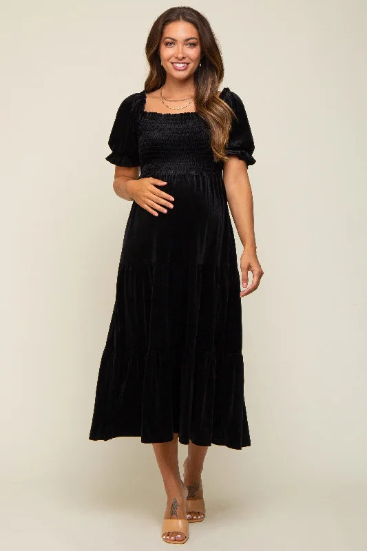 Black Velvet Tiered Maternity Midi Dress Satin midi dresses