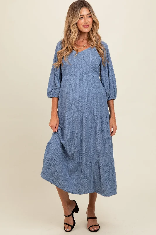 Blue Embroidered Tiered Maternity Midi Dress Summer party midi dresses