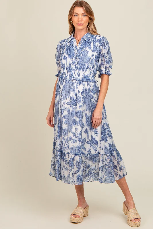 Blue Floral Ruffle Accent Button Up Maternity Midi Dress Best midi dresses for formal events