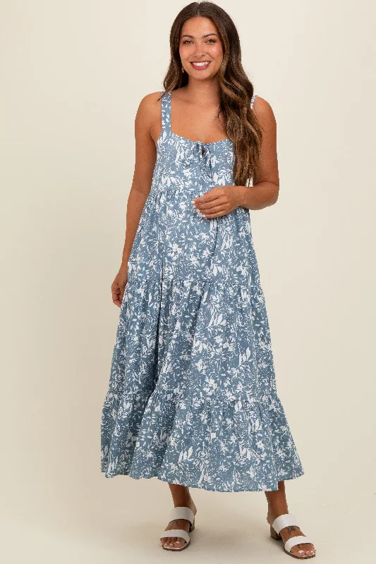 Blue Floral Tiered Maternity Midi Dress Y2K midi dresses