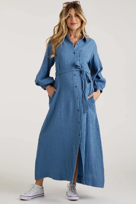 Blue Gauze Belted Shirt Maternity Midi Dress Smocked midi dresses