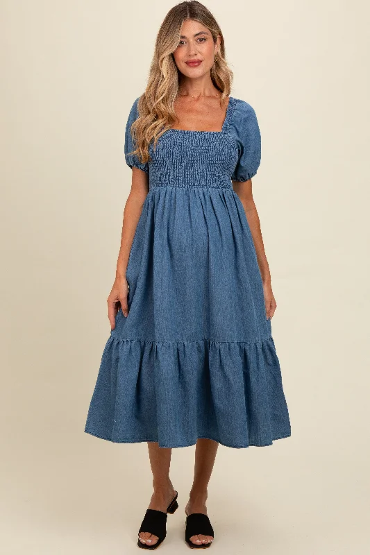 Blue Vintage Wash Chambray Smocked Maternity Midi Dress Cocktail midi dresses