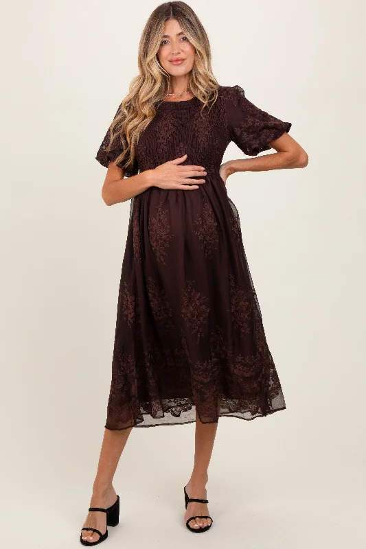 Brown Floral Embroidered Mesh Overlay Smocked Maternity Midi Dress Halter midi dresses