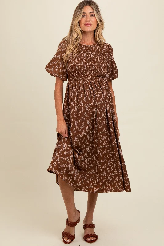 Brown Floral Smocked Maternity Midi Dress Casual midi dresses