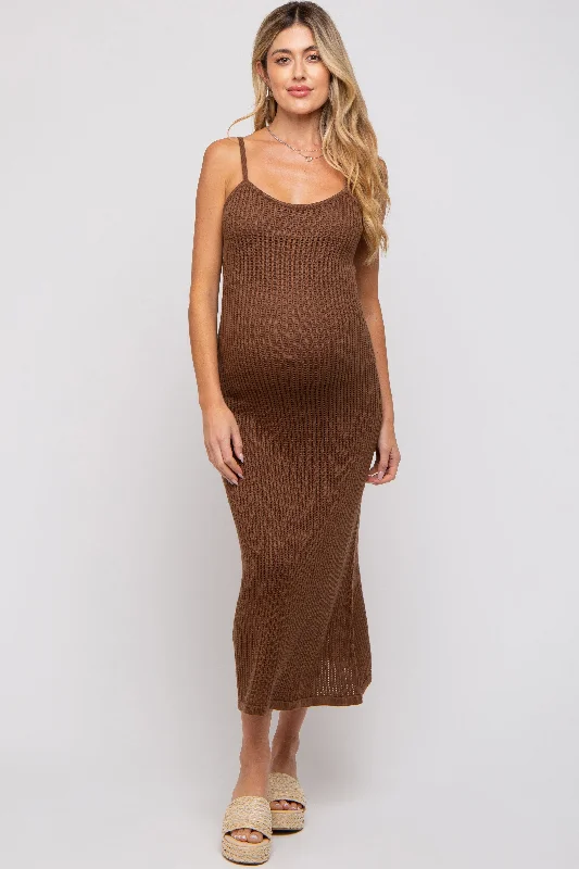 Brown Open Knit Crochet Maternity Midi Dress Y2K midi dresses