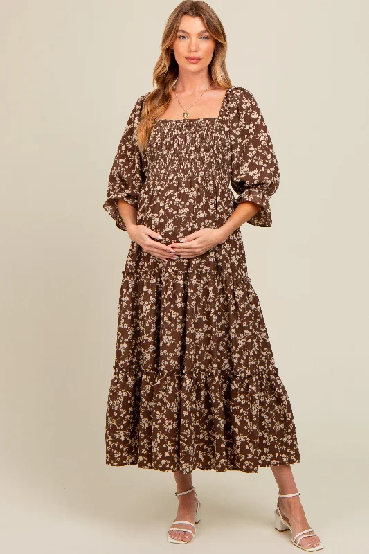 Brown Smocked Tiered Pocketed Maternity Midi Dress Leather midi dresses