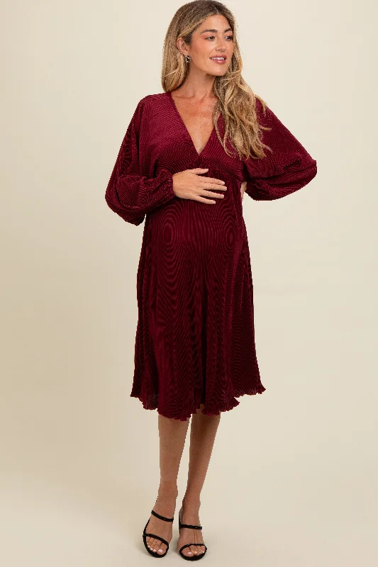 Burgundy Pleated Deep V-Neck Maternity Midi Dress Best midi dresses for date night