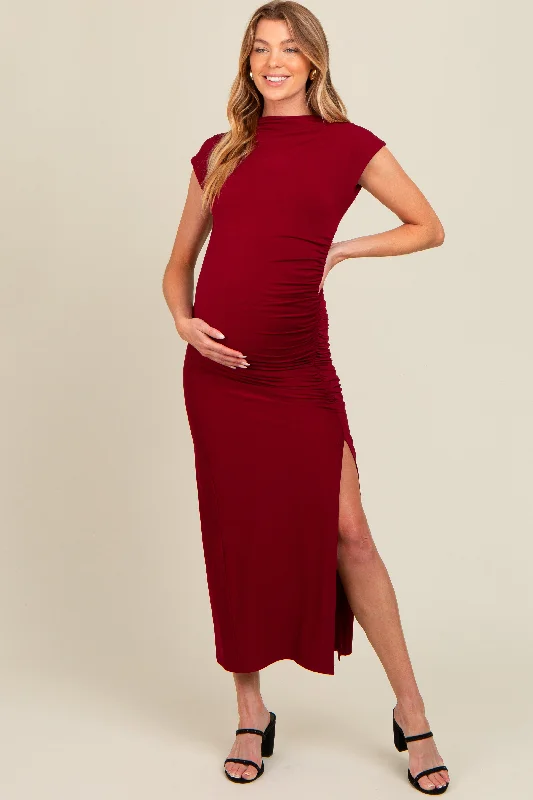 Burgundy Ruched Mock Neck Maternity Slit Midi Dress Goth midi dresses