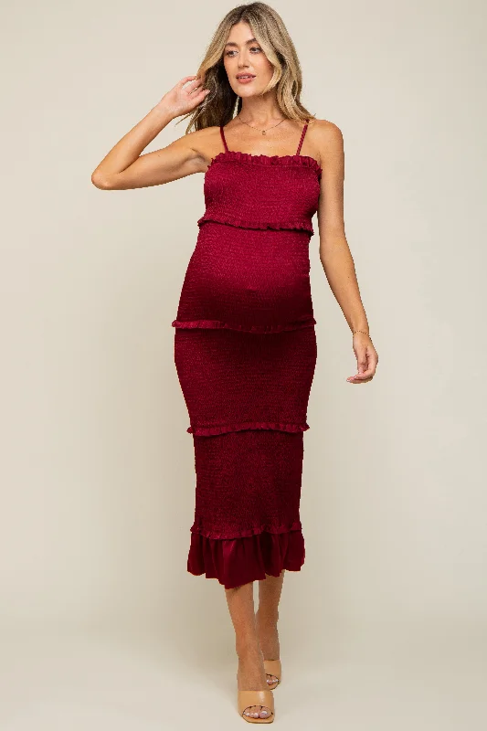 Burgundy Satin Smocked Fitted Maternity Midi Dress Red carpet midi dresses