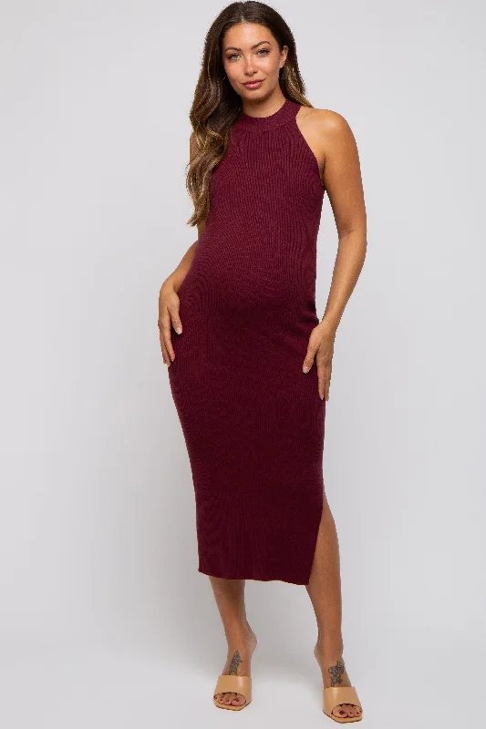 Burgundy Sleeveless Side Slit Maternity Midi Dress Spring midi dresses