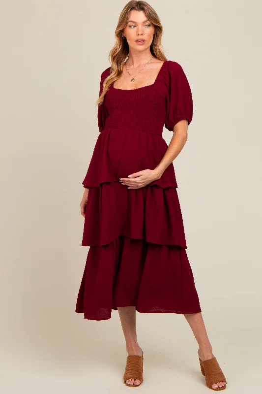 Burgundy Smocked Body Ruffled Tiered Maternity Midi Dress Best midi dresses for hourglass body shape