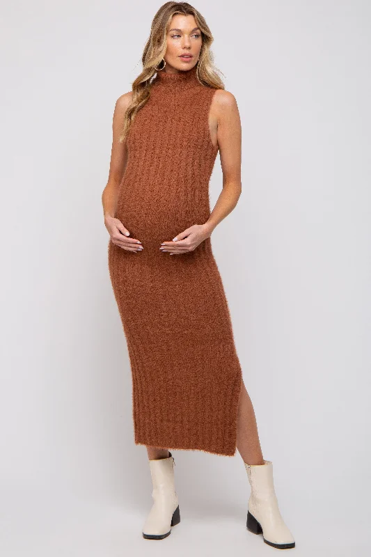 Camel Fuzzy Knit Sleeveless Turtle Neck Maternity Midi Dress Vintage midi dresses