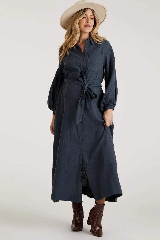 Charcoal Gauze Belted Shirt Maternity Midi Dress Graduation midi dresses