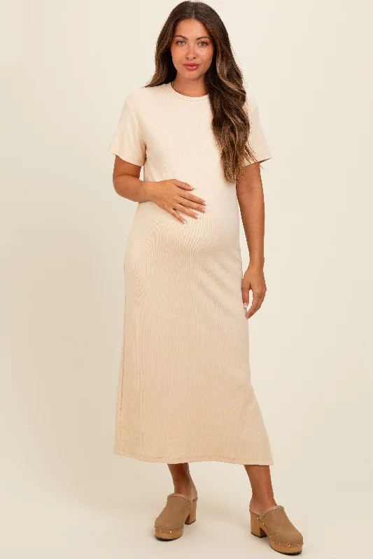 Cream Short Sleeve Side Slit Maternity T-Shirt Midi Dress Graduation midi dresses