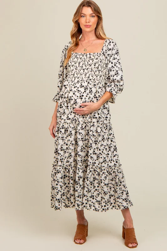 Cream Smocked Tiered Pocketed Maternity Midi Dress Glamorous midi dresses