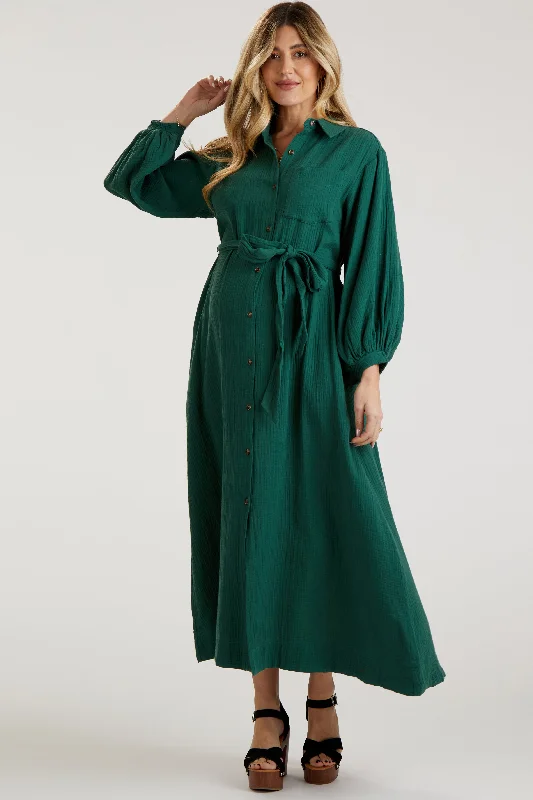 Forest Green Gauze Belted Shirt Maternity Midi Dress Graduation midi dresses