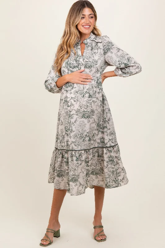 Forest Green Printed Split Ruffle Collar Maternity Midi Dress Boohoo midi dresses