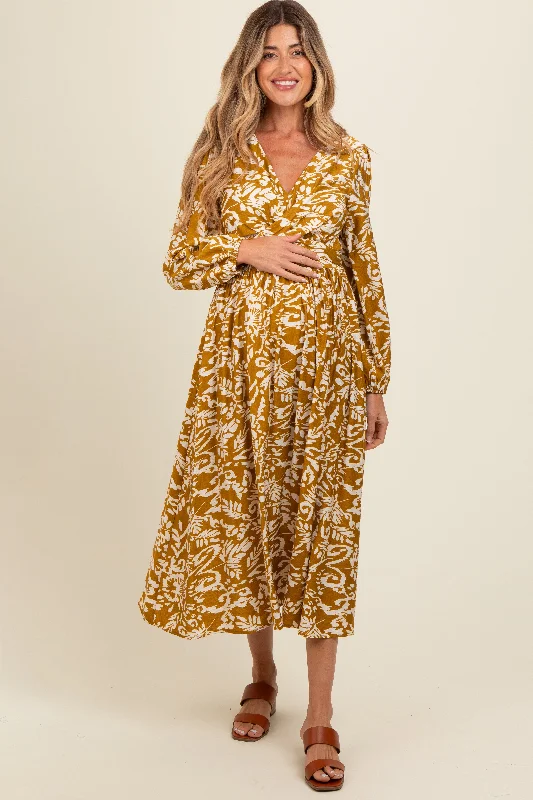 Gold Abstract Floral Gathered Front Maternity Midi Dress A-line midi dresses